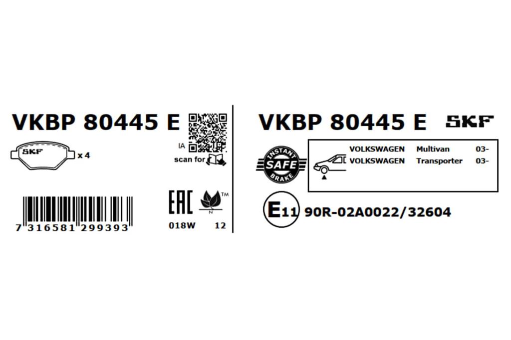Jeu de 4 plaquettes de frein SKF ref. VKBP 80445 E